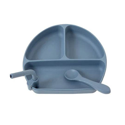All 4 Ella Silicone Plate with Straw & Spoon - Slate Blue - Outlet Shop For Kids