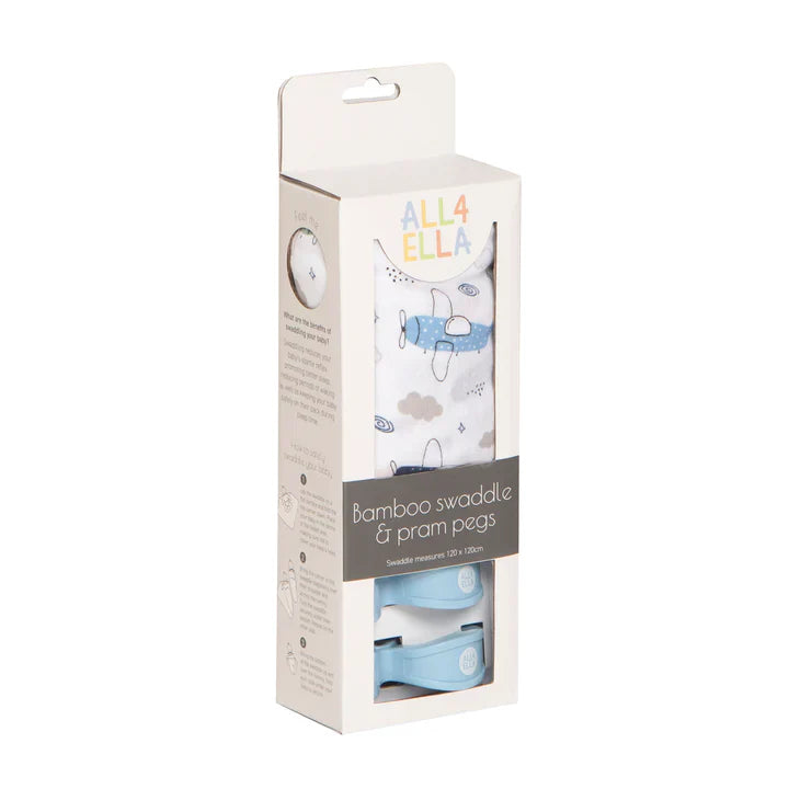 All 4 Ella Bamboo Swaddle & 2 Pram Peg Box Set - Planes
