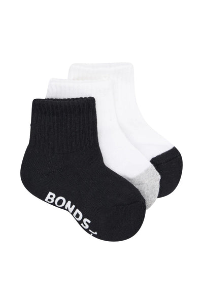 Bonds Baby Cushioned Quarter Crew 3 Pack - Black/Grey/Black