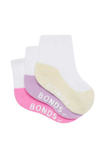 Bonds Baby Logo Cushioned Quarter Crew Socks 3 Pack - Lemon/Lilac/Pink