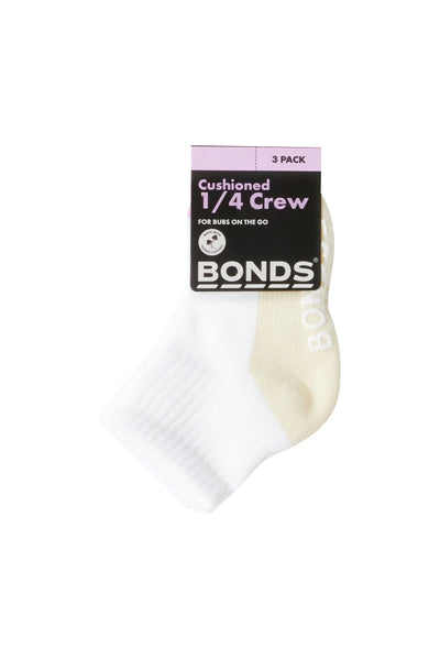 Bonds Baby Logo Cushioned Quarter Crew Socks 3 Pack - Lemon/Lilac/Pink