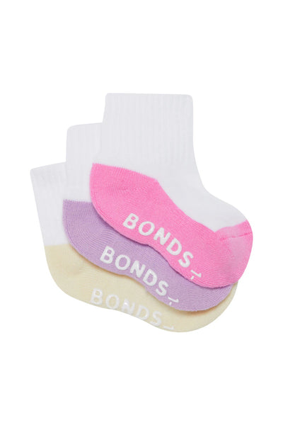 Bonds Baby Logo Cushioned Quarter Crew Socks 3 Pack - Lemon/Lilac/Pink