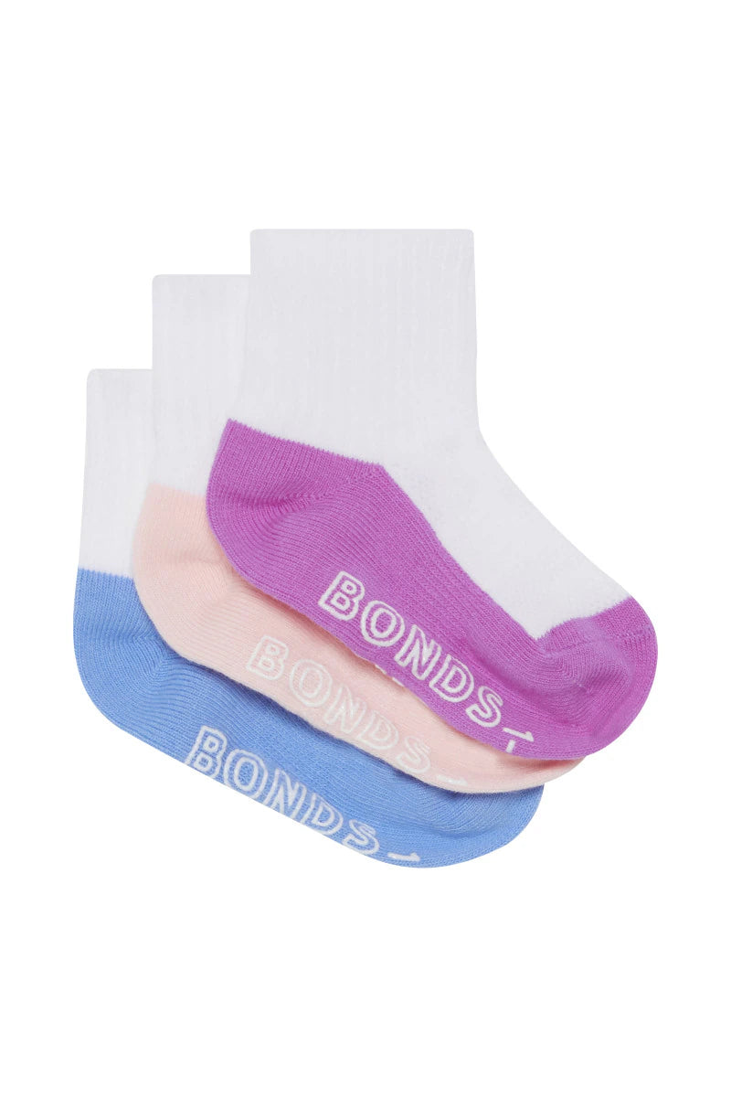 Bonds Baby Logo Lightweight Quarter Crew Socks 3 Pack - Purple/Pale Pink/Blue