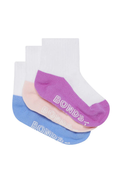 Bonds Baby Logo Lightweight Quarter Crew Socks 3 Pack - Purple/Pale Pink/Blue