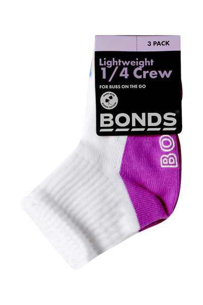 Bonds Baby Logo Lightweight Quarter Crew Socks 3 Pack - Purple/Pale Pink/Blue