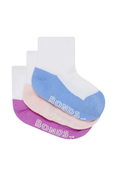 Bonds Baby Logo Lightweight Quarter Crew Socks 3 Pack - Purple/Pale Pink/Blue