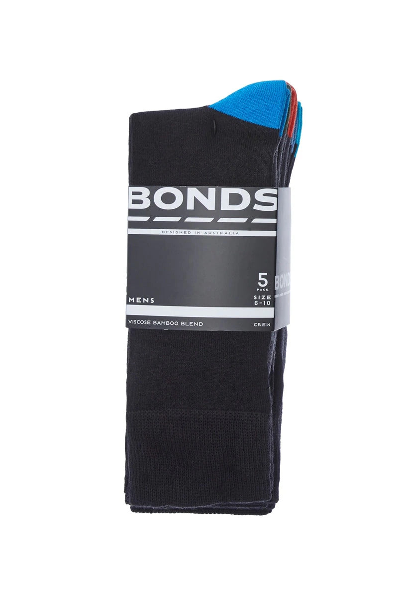 Bonds Mens Bamboo Crew 5 Pack - Black/Blue/Red