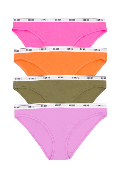 Bonds Womens Bikini 4 Pack - Pink/Orange/Khaki/Lilac
