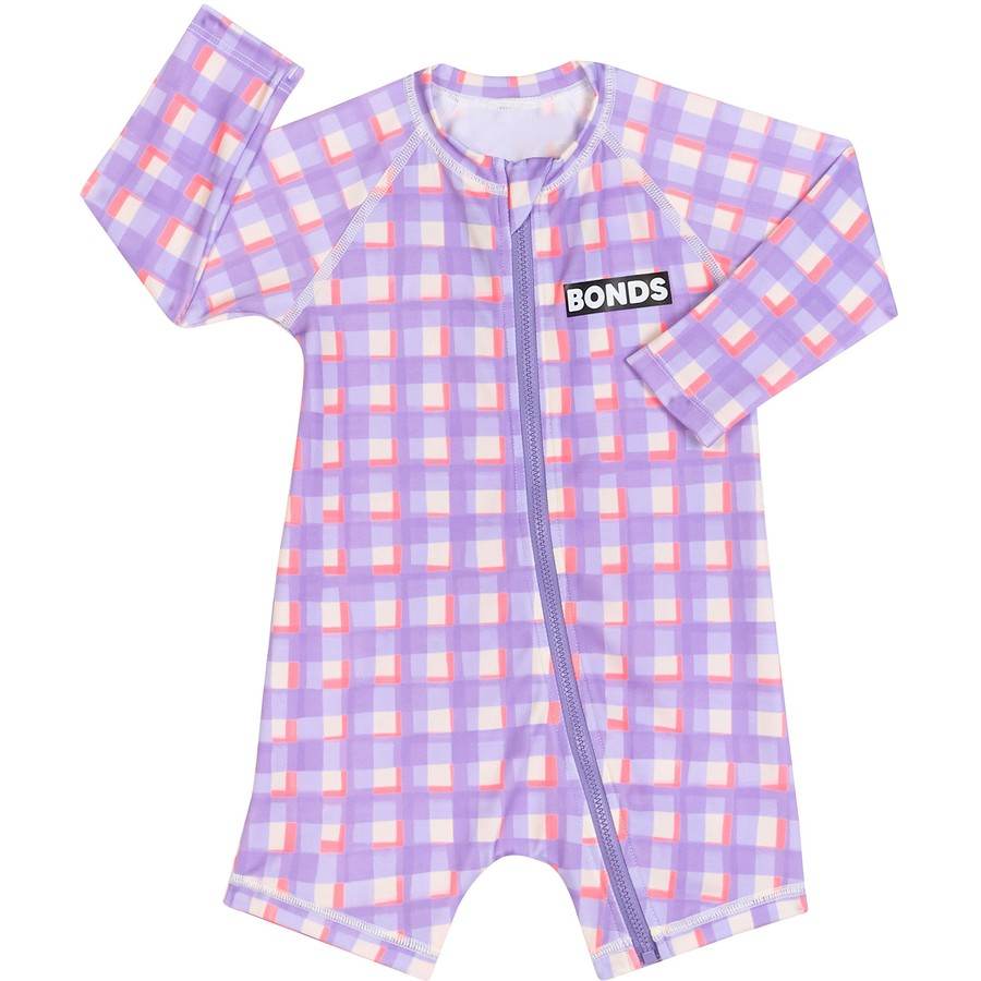 Bonds Baby Swim Long Sleeve One Rashie One Piece - Playing Checkers Purple - Outlet Shop For Kids