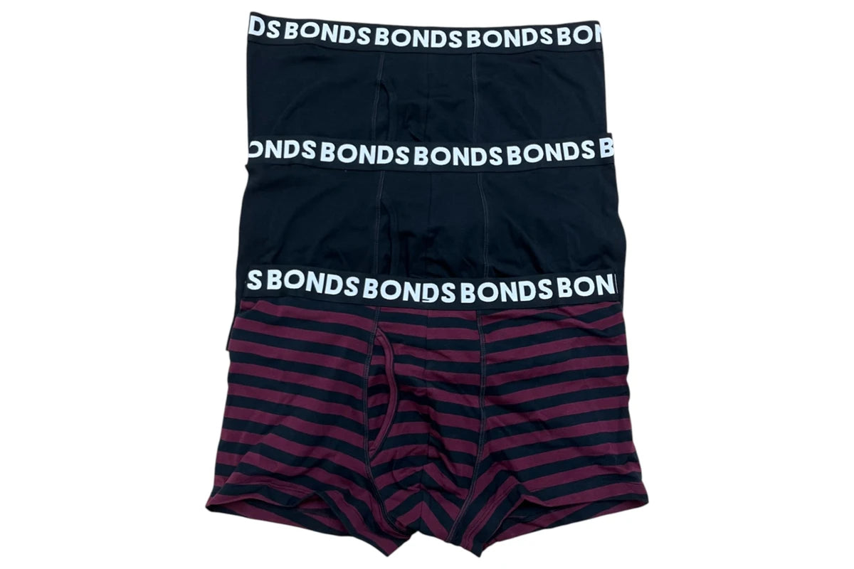 Bonds Mens Classic Trunk 3 Pack - Burgundy Stripe/Black