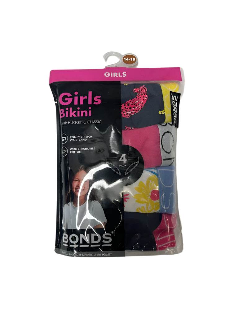 Bonds Girl's Bikini 4 Pack - Cheeta Print/Pink/Flower Print/Navy - Outlet Shop For Kids