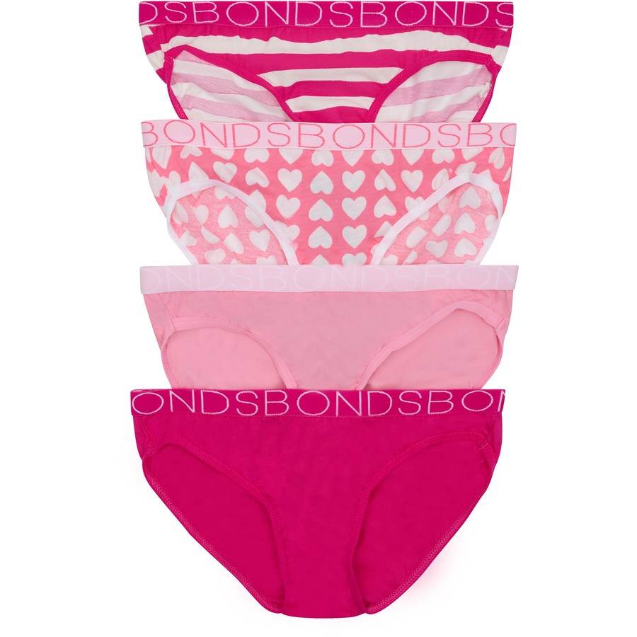 Bonds Girls Bikini 4 Pack - Pink Heart Print Pack - Outlet Shop For Kids
