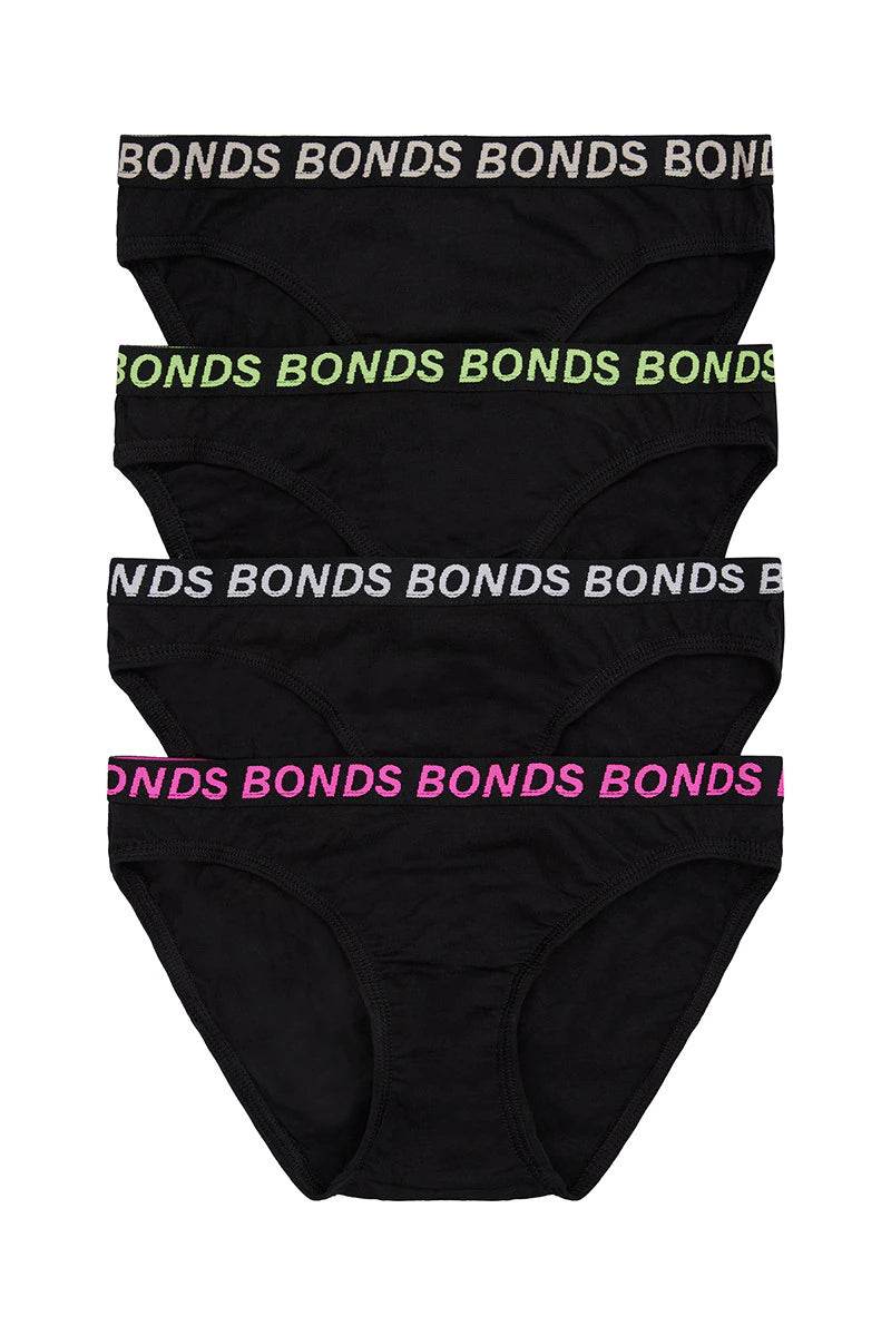 Bonds Girls Bikini Sport 4 Pack - Black - Outlet Shop For Kids