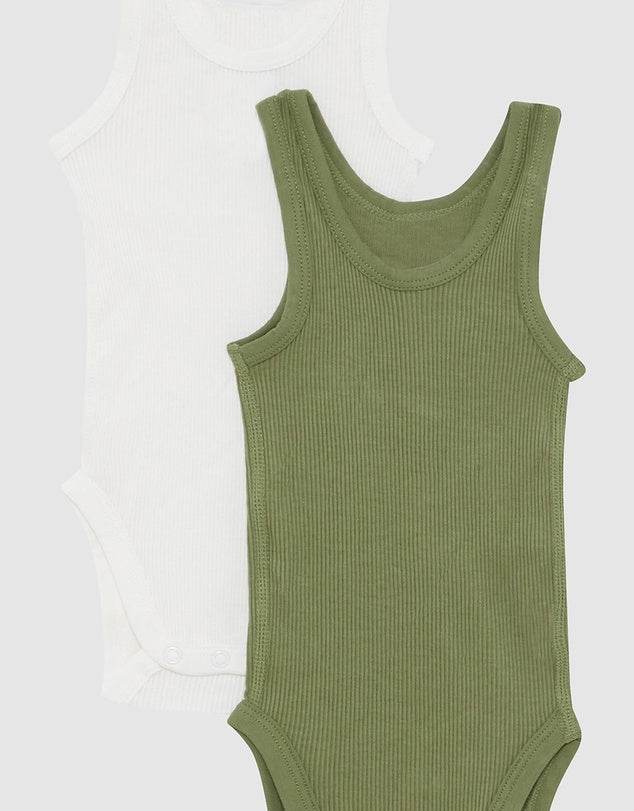 Bonds Organic Rib Singlet Bodysuit 2 Pack - Kelpie / Marscapone - Outlet Shop For Kids