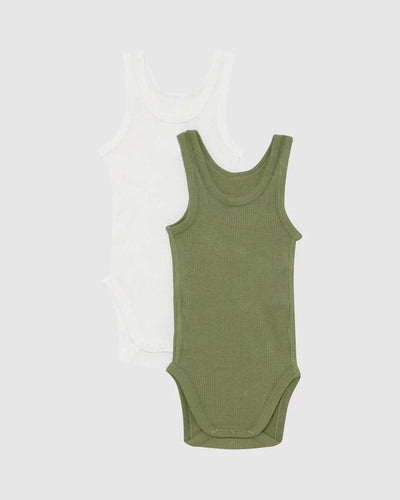 Bonds Organic Rib Singlet Bodysuit 2 Pack - Kelpie / Marscapone - Outlet Shop For Kids