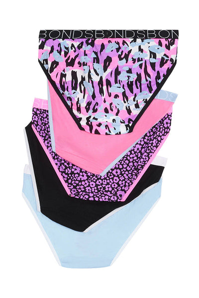 Bonds Girls Bikini 5 Pack - Leopard/Animal Purple Multi