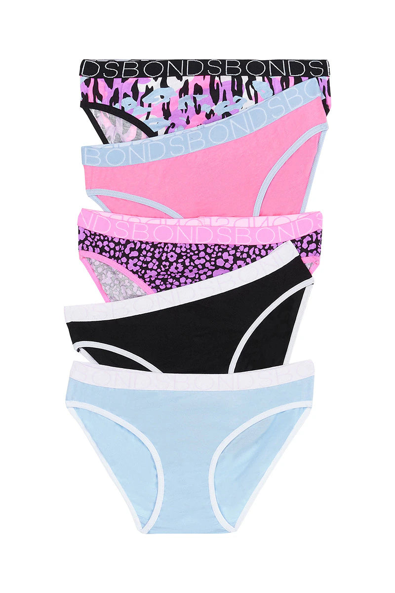 Bonds Girls Bikini 5 Pack - Leopard/Animal Purple Multi