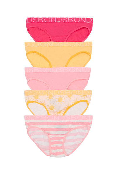 Bonds Girls Bikini 5 Pack - Pink/Yellow/Suns Print