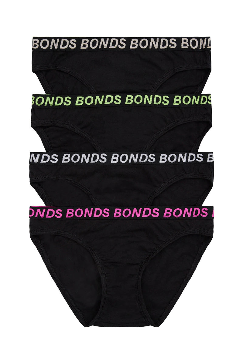 Bonds Girls Bikini Sport 4 Pack - Black