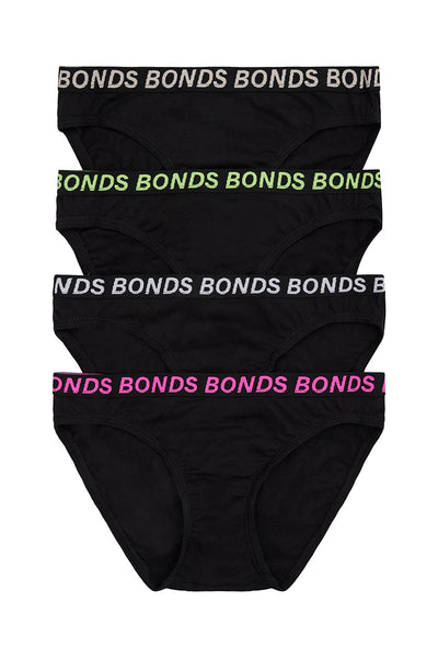Bonds Girls Bikini Sport 4 Pack - Black