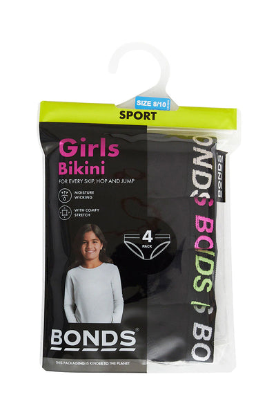 Bonds Girls Bikini Sport 4 Pack - Black