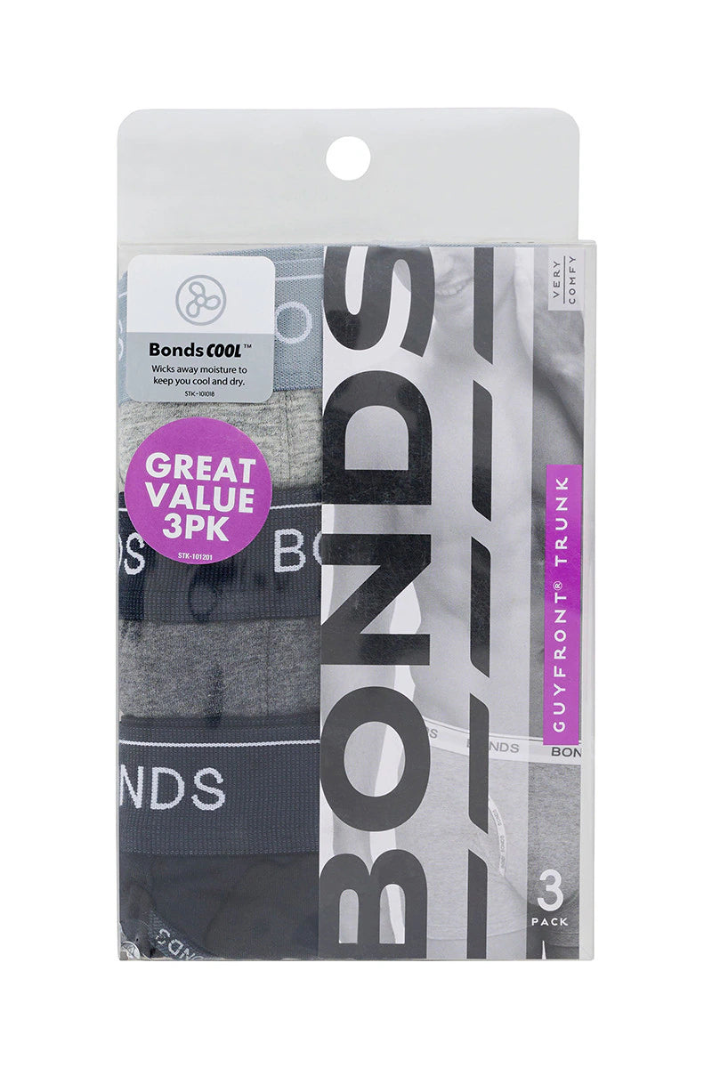Bonds Men's Guyfront Trunk 3 Pack - Grey/Charcoal/Black