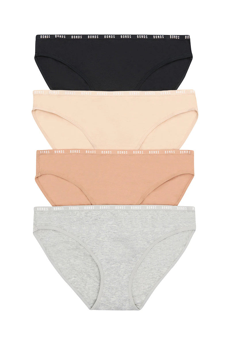 Bonds Womens Hipster Bikini 4 Pack - Grey Marle / Base Blush / Blush Latte / Black