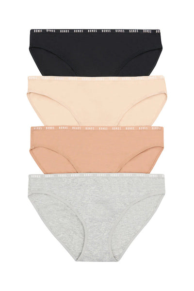 Bonds Womens Hipster Bikini 4 Pack - Grey Marle / Base Blush / Blush Latte / Black
