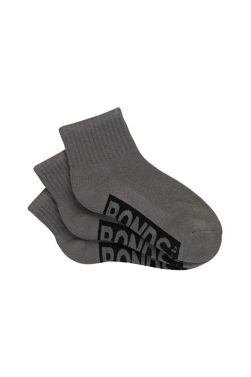 Bonds Kids Cushioned Quarter Crew Socks 3 Pack - Grey