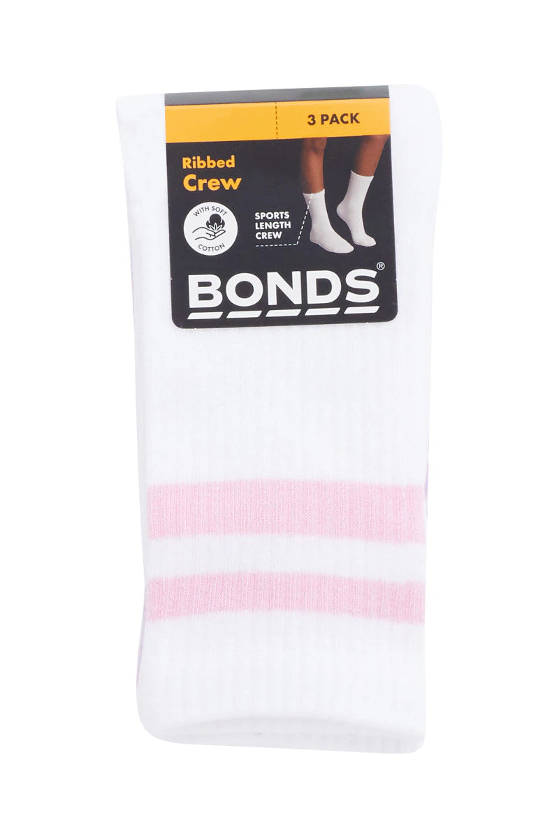 Bonds Kids Rib Crew Socks 3 Pack - White/Lilac/Pink/Blue