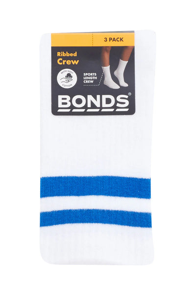 Bonds Kids Rib Crew Socks 3 Pack - White/Black/Blue