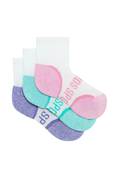 Bonds Kids Ultimate Comfort Quarter Crew Socks 3 Pack - Pink/Aqua/Purple