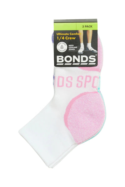 Bonds Kids Ultimate Comfort Quarter Crew Socks 3 Pack - Pink/Aqua/Purple