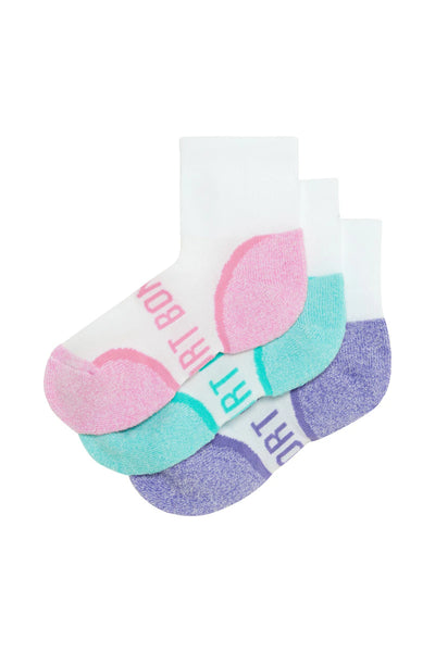 Bonds Kids Ultimate Comfort Quarter Crew Socks 3 Pack - Pink/Aqua/Purple