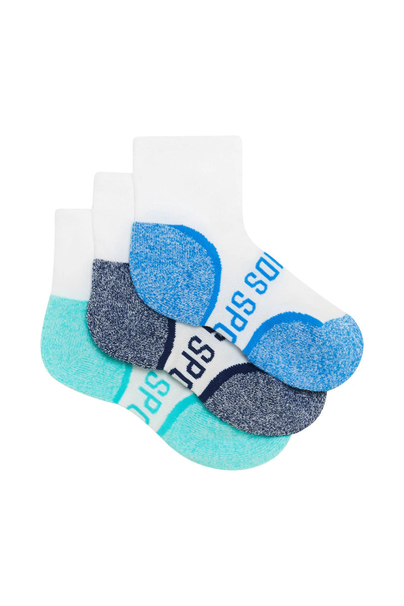Bonds Kids Ultimate Comfort Quarter Crew Socks 3 Pack - Blue/Navy/Aqua