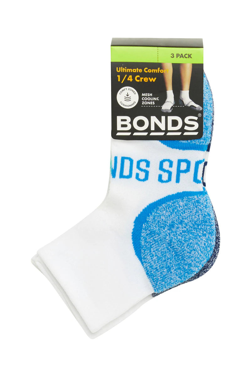 Bonds Kids Ultimate Comfort Quarter Crew Socks 3 Pack - Blue/Navy/Aqua