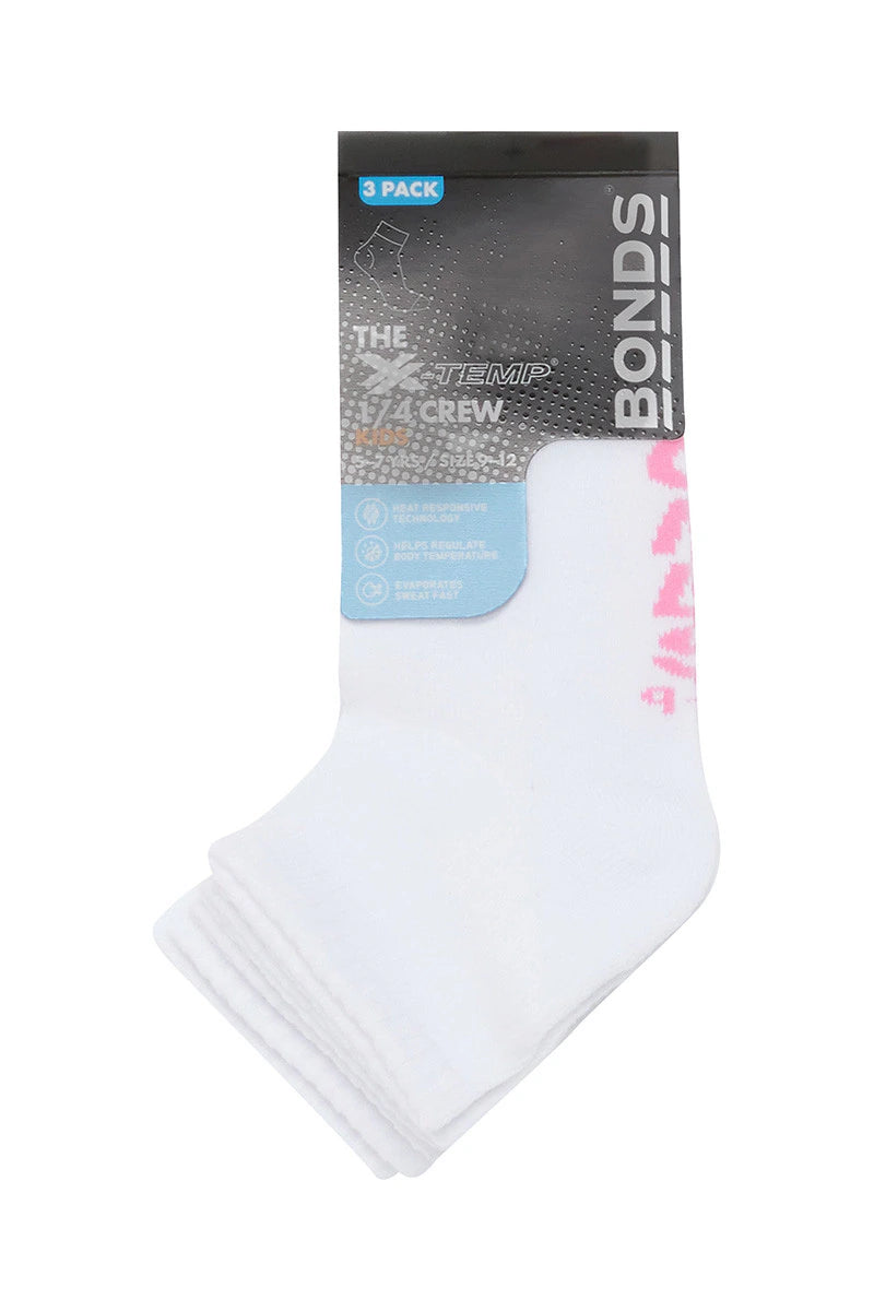 Bonds Kids X-Temp Quarter Crew Socks 3 Pack - White Pop