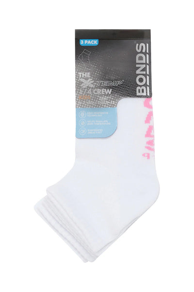Bonds Kids X-Temp Quarter Crew Socks 3 Pack - White Pop