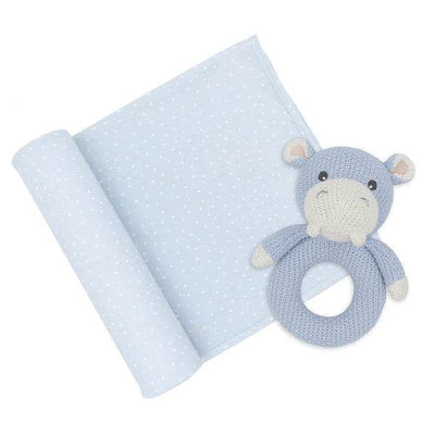Living Textiles Jersey Swaddle & Rattle Gift Set - Dots/Hippo - Outlet Shop For Kids