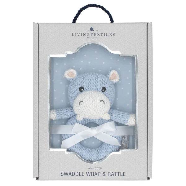 Living Textiles Jersey Swaddle & Rattle Gift Set - Dots/Hippo - Outlet Shop For Kids