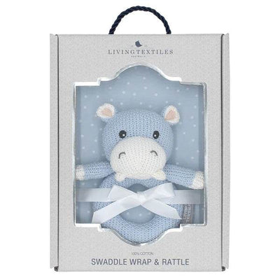 Living Textiles Jersey Swaddle & Rattle Gift Set - Dots/Hippo - Outlet Shop For Kids