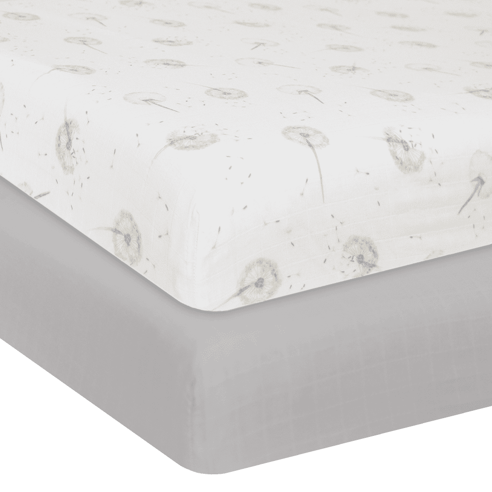 Living Textiles Organic Muslin 2 Pack Cot Fitted Sheets - Dandelion/Grey - Outlet Shop For Kids