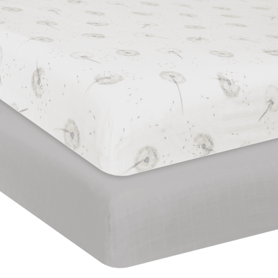 Living Textiles Organic Muslin 2 Pack Cot Fitted Sheets - Dandelion/Grey - Outlet Shop For Kids