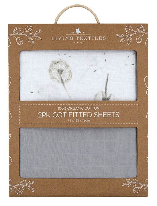 Living Textiles Organic Muslin 2 Pack Cot Fitted Sheets - Dandelion/Grey - Outlet Shop For Kids