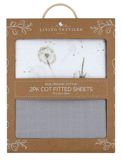 Living Textiles Organic Muslin 2 Pack Cot Fitted Sheets - Dandelion/Grey - Outlet Shop For Kids