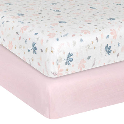 Living Textiles Organic Muslin 2 Pack Oval Cot Fitted Sheet - Botanical/Blush - Outlet Shop For Kids