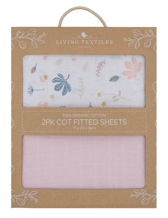 Living Textiles Organic Muslin 2 Pack Oval Cot Fitted Sheet - Botanical/Blush - Outlet Shop For Kids