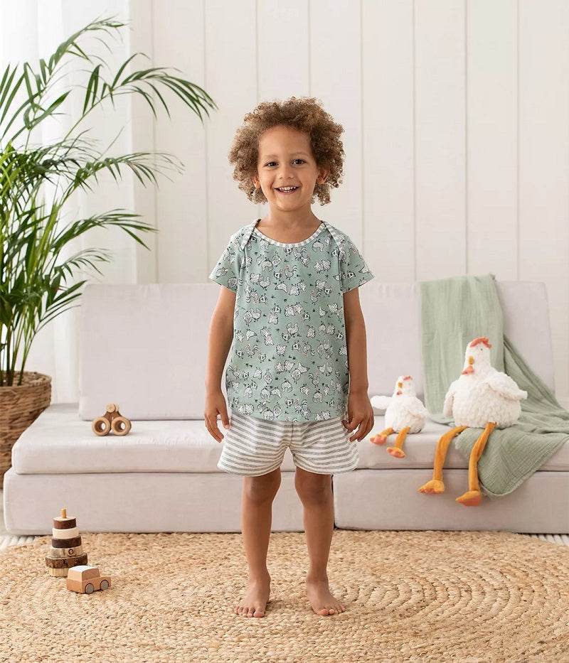 Love To Dream Kids Short Sleeve Cotton Pyjama Set - Chicken Run Olive - Outlet Shop For Kids