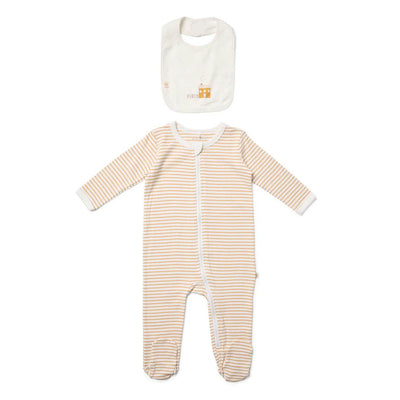 Marquise Farmhouse Striped Zipsuit and Bib 2 Piece Set - Mustard Stripe - Outlet Shop For Kids