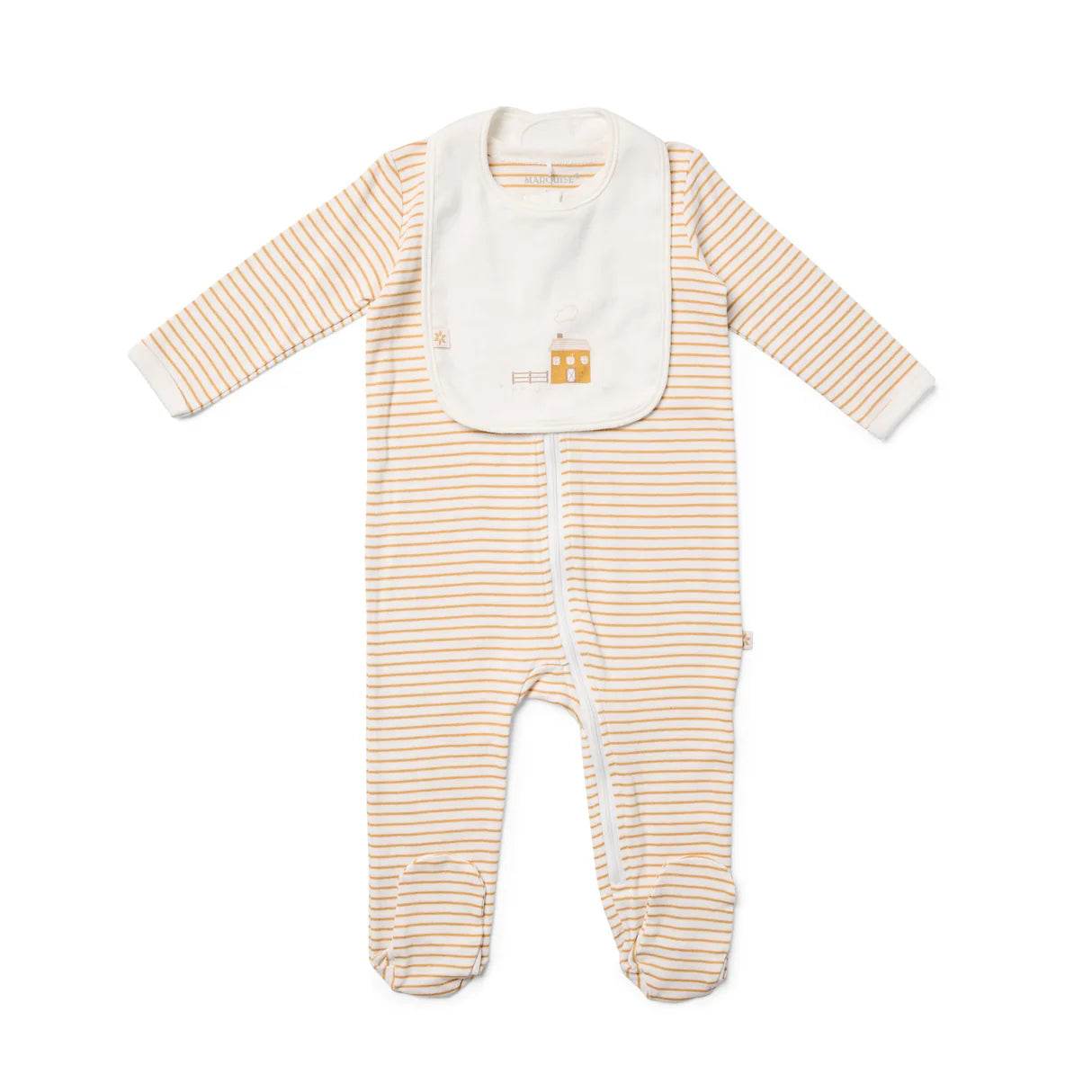 Marquise Farmhouse Striped Zipsuit and Bib 2 Piece Set - Mustard Stripe - Outlet Shop For Kids
